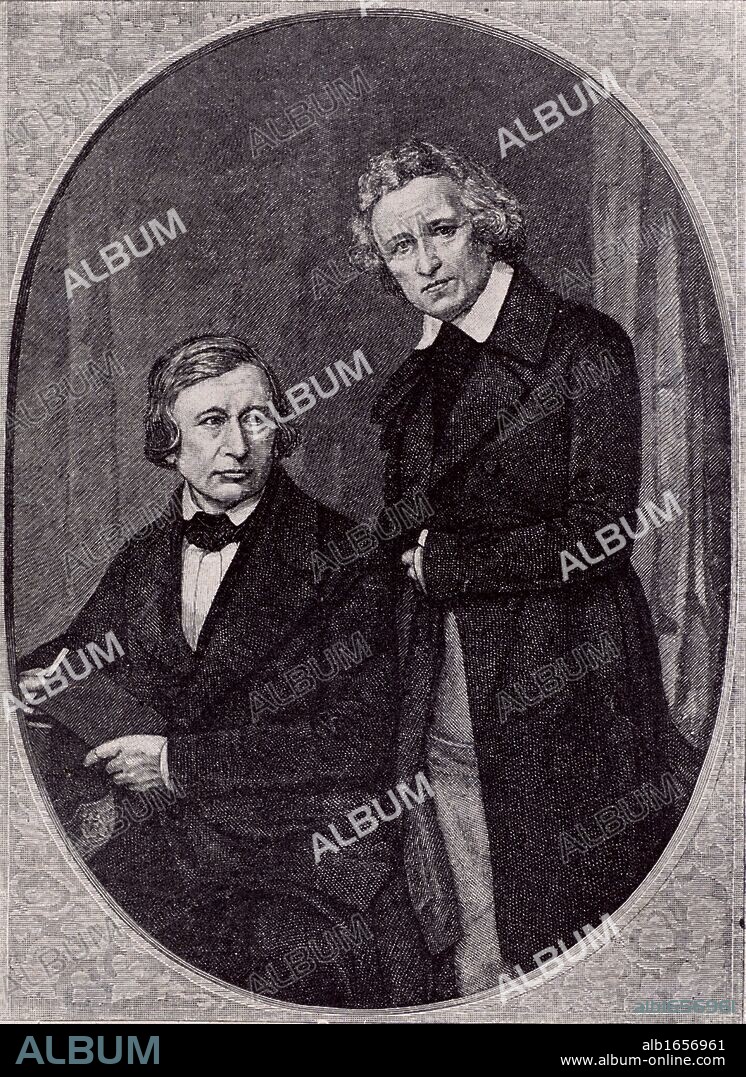 Wilhelm Carl Grimm (1786-1859) left, and Jacob Ludwig Carl Grimm (1786-1859) right, German philologists and folklorists. The English speaking world knows them best for their fairy tales "Kinder- und Hausmarchen" (1812-1815) published as "German Popular Stories" (London, 1823) illustrated by George Cruikshank. (Photo by: Universal History Archive/UIG via Getty Images).