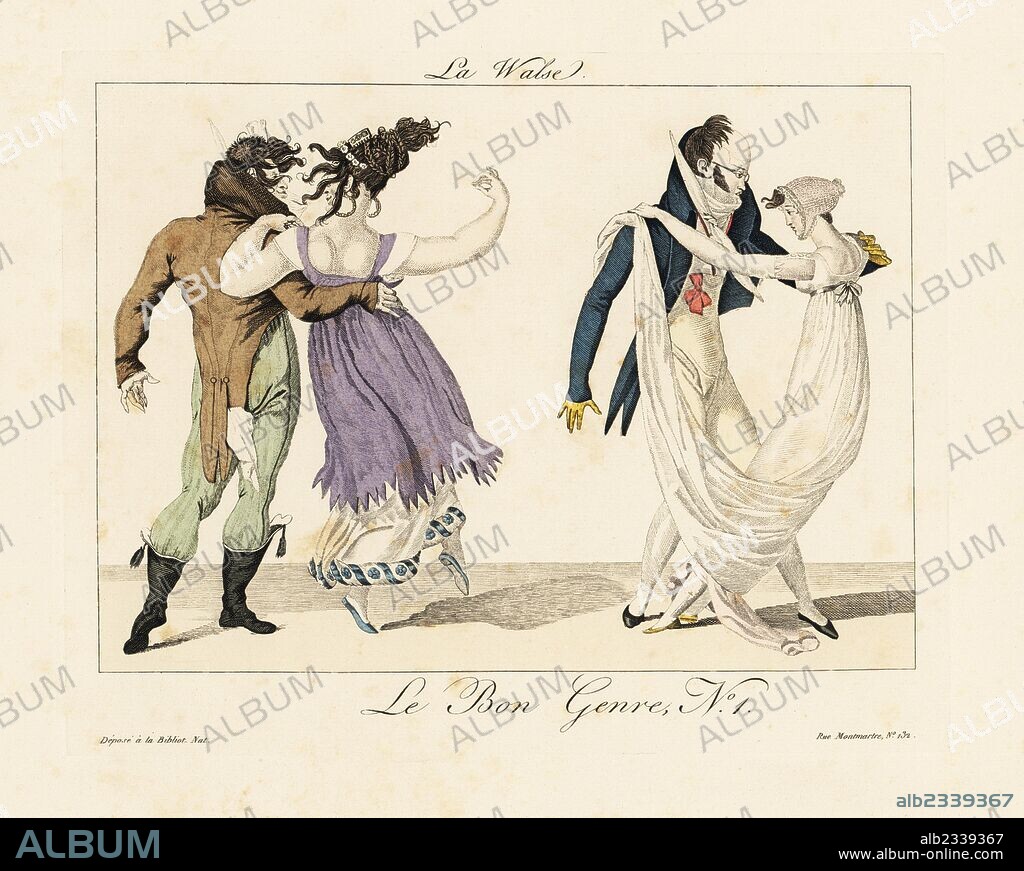 Merveilleuses and incroyables dancing the waltz, a newly popular dance imported from Germany. Handcoloured engraving from Pierre de la Mesangere's Le Bon Genre, Paris, 1817.
