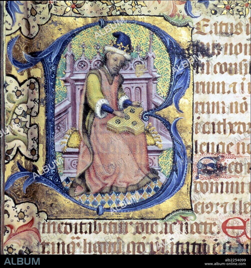 BERNAT MARTORELL. MARTORELL , BERNAT. PINTOR ESPAÑOL. MUERE EN EL AÑO 1452. " SALTIRI FERIAL I HORES ", SIGLO XVI. MINIATURA LETRA CAPITULAR. ARCHIVO HISTORICO DE LA CIUDAD. BARCELONA. MUSICA.
