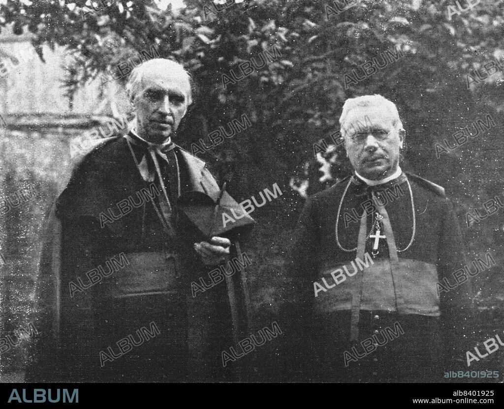 ROBERT VAUCHER. 'Le cardinal Mercier, archeveque de Malines, et Mgr. Heylen, eveque de Namur, dans le jardin du College belge de Rome', 1916. From "Collection de la Guerre IV. L'Illustration Tome CXLVII. La Guerre Janvier, Fevrier, Mars, Avril, Mai, Juin 1916".