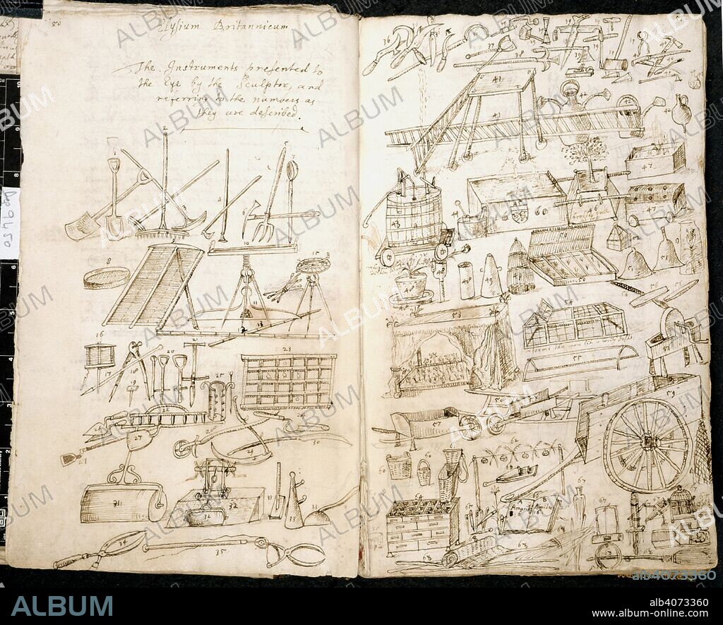 JOHN EVELYN. Illustrations of garden tools. Elysium Britannicum. England [Deptford, co. Kent]; circa 1660 - 1706. [Whole opening] Book II, chapter 1; concerning 'the instruments belonging to a gardiner, and their various uses'. The illustration of garden tools, including spade, fork, sieve, roller, ladder, watering can, wheelbarrow, and glass cloches  Image taken from Elysium Britannicum.  Originally published/produced in England [Deptford, co. Kent]; circa 1660 - 1706. . Source: Add. 78342, ff.57v-58. Language: English.