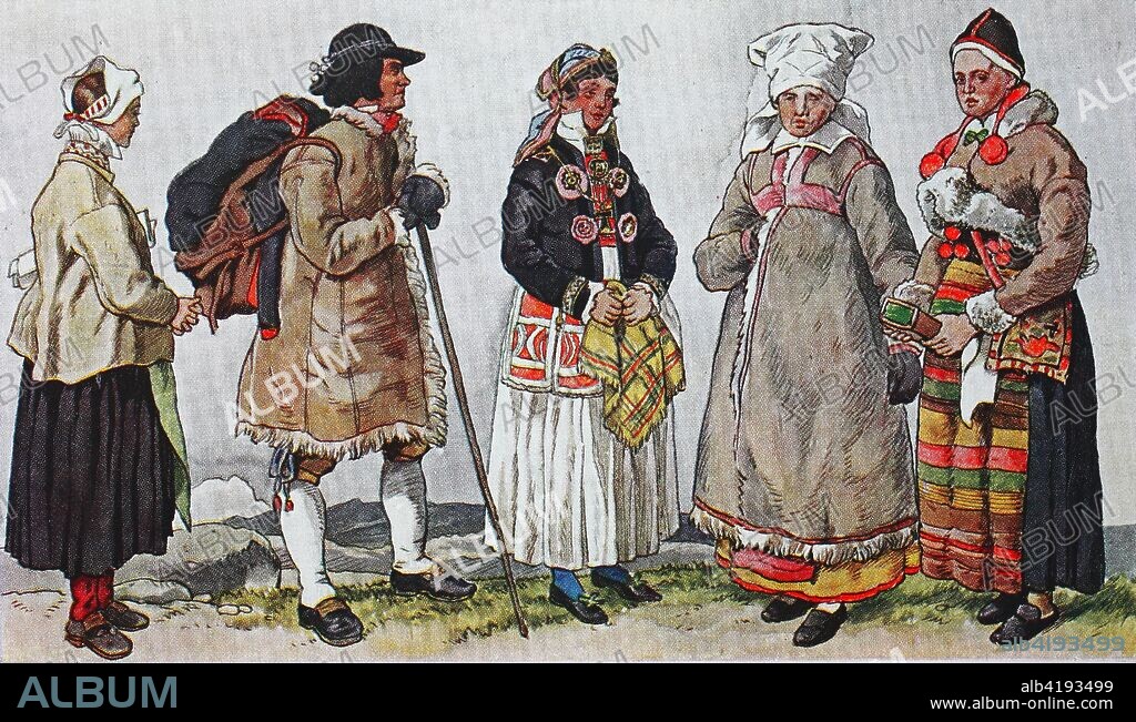 Fashion, clothes, costumes in Sweden around the 19th century, from the left, a woman from Mora on Lake Siljan, then a peddler from Leksand, then a woman from Jerrestad, then a woman from Wingaker and a Dalkulle, thats a girl from Raettvik on Lake Siljan in the province of Dalarna, she wears the winter costume of the Dalarne folk costume, digital improved reproduction from an original from the year 1900.