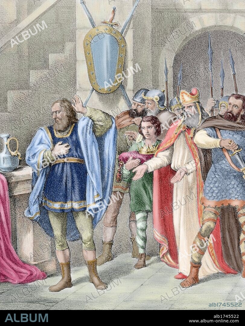 WAMBA. Rey visigodo (672 a 680). A la muerte de Recesvinto fue elegido rey. S. VII. "ELECCION DEL REY WAMBA". Grabado coloreado del siglo XIX.