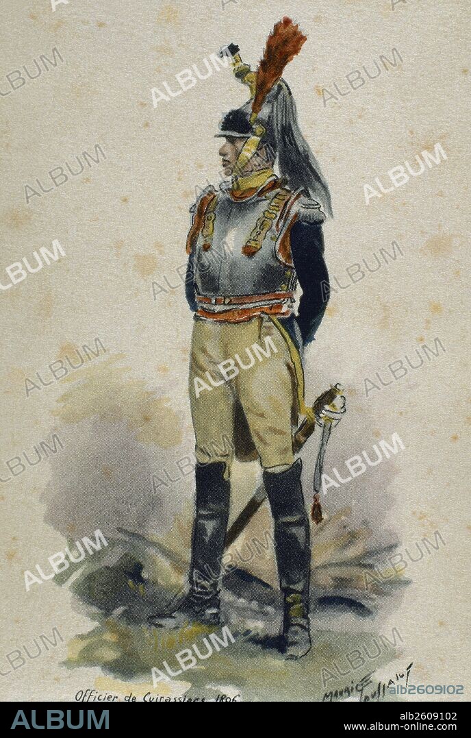 Oficial del regimiento de CORACEROS FRANCESES (año 1806). Los coraceros eran jinetes de melé armados con sable y protegidos por corazas y casco de hierro. Se constituían como cuerpos de caballería pesada que surgieron en Europa en el último tercio del siglo XV. Fueron famosos los REGIMIENTOS DE CORACEROS FRANCESES que tomaron parte en las GUERRAS NAPOLEONICAS.