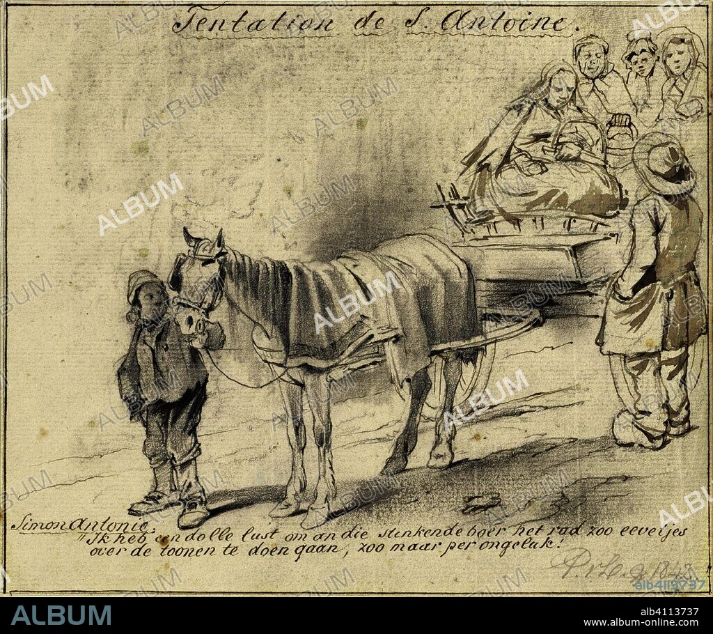 Paard en wagen met passagiers. Tentation de S. Antoine (title on object). Draughtsman: Pieter van Loon. Dating: 1842. Measurements: h 147 mm × w 176 mm.