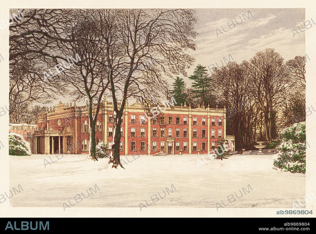 Winter scene at Cranbury Park, Winchester, England. Regency era red-brick house built by George Dance the Younger in 1780 for Thomas Dummer. Balustrade and Venetian windows added by Thomas Chamberlayne in the 1830s. Colour woodblock by Benjamin Fawcett in the Baxter process of an illustration by Alexander Francis Lydon from Reverend Francis Orpen Morriss Picturesque Views of the Seats of Noblemen and Gentlemen of Great Britain and Ireland, William Mackenzie, London, 1880.