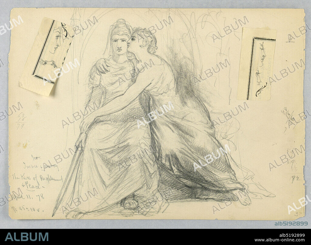 Study for Justice and Mercy, The Kiss of Righteousnes and Peace, Daniel Huntington, American, 18161906, Graphite on paper, Woman in headress seated at left, facing frontally. Women embracing her, right, in left profile, also seated. Two slips of paper with four profiles, pasted, left and right. Verso: Sketch for portrait of a seated man., USA, April 11, 1878, figures, Drawing, Drawing.