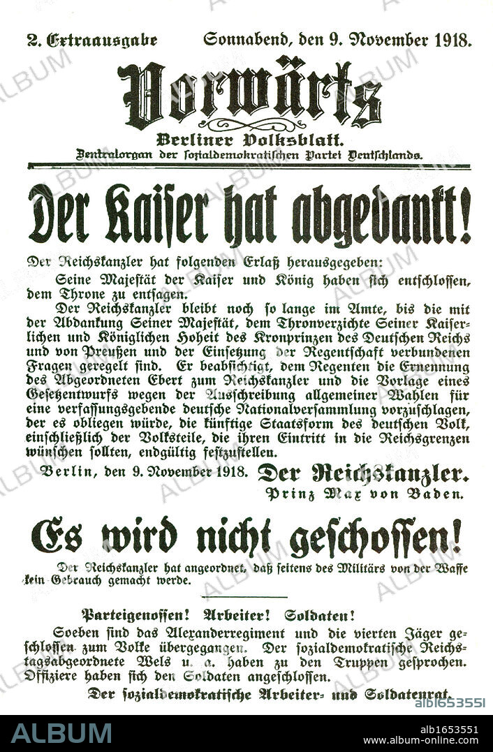 Announcement of the Abdication of the German Kaiser Wilhelm II November 1918.