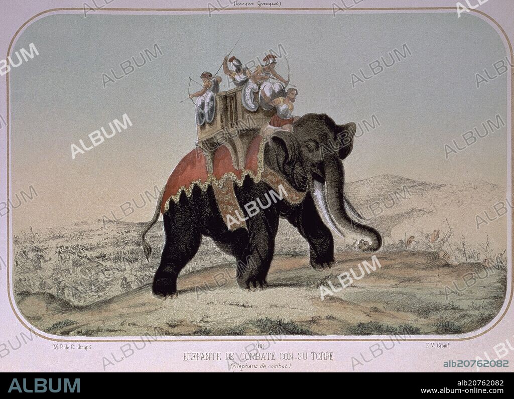 E. V. ELEFANTE DE COMBATE CON SU TORRE - CROMOLITOGRAFIA - SIGLO XIX.