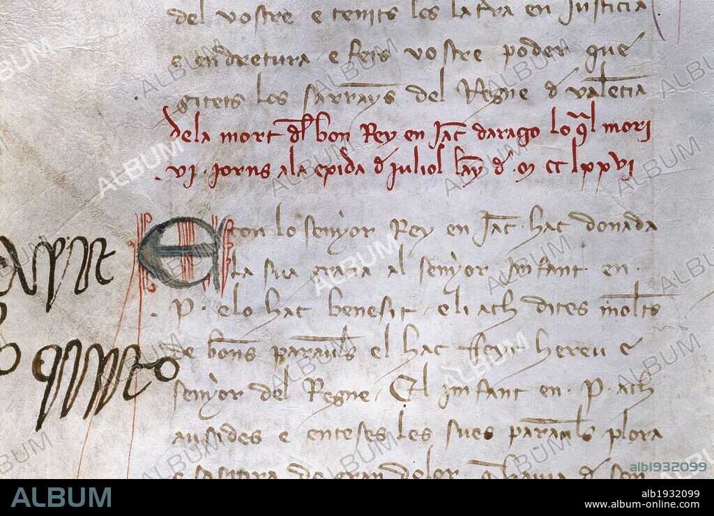 LITERATURA CATALANA. S. XIII DESCLOT, Bernat. Cronista catalán autor de la más antigua de las cuatro crónicas de la historia de Cataluña. "CRONICAS DE ALGUNOS CONDES DE BARCELONA Y REYES DE ARAGON". Incunable. Detalle de un manuscrito en pergamino con letra del siglo XIV. "MUERTE DEL REY JAIME I EL CONQUISTADOR". Fol.56v.