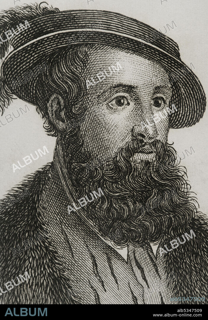 TEODORO BLASCO (D.1854). SPANISH ENGRAVER.. Hernan Cortes (1485-1547). Spanish conquistador of the Aztec empire. Portrait. Engraving by Teodoro Blasco. Detail. Historia de la conquista de Nueva España, by Antonio de Solís y Rivadeneyra. Published in Barcelona, 1840.