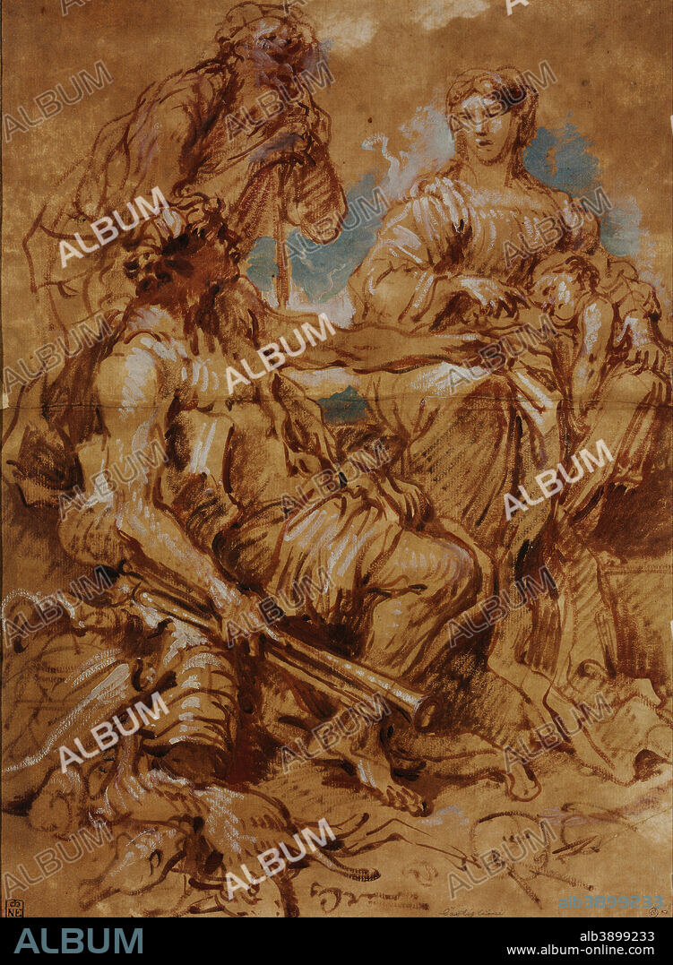 GIOVANNI BENEDETTO CASTIGLIONE. Allegory in Honour of the Ruling Couple of Mantua. Date/Period: 1652 - 1655. Drawing. Brush with brown and black ink, red-brown, light blue and white oil paint on yellow prepared paper brush with brown and black ink, red-brown, light blue and white oil paint on yellow prepared paper. Height: 455 mm (17.91 in); Width: 332 mm (13.07 in).