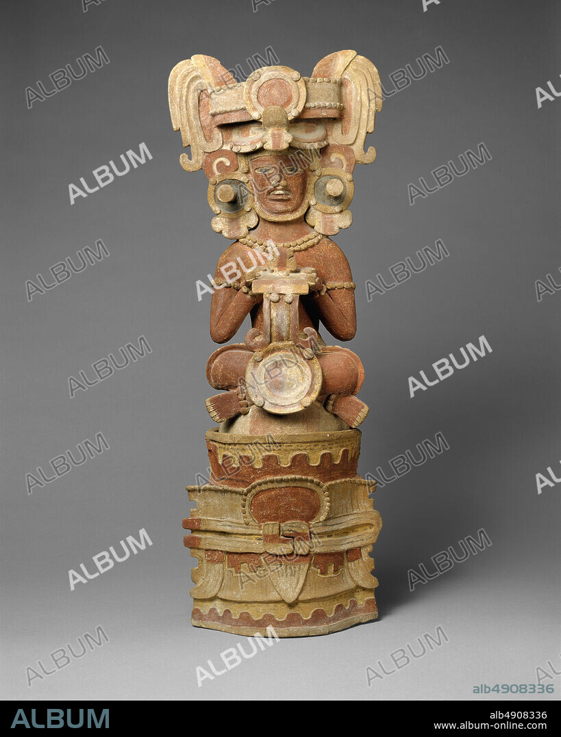 Censer, Seated King, Maya, 4th century, Guatemala, Maya, Ceramic, H. 31 1/2 x W. 12 1/4 in. (80 x 31.1 cm), Ceramics-Containers.