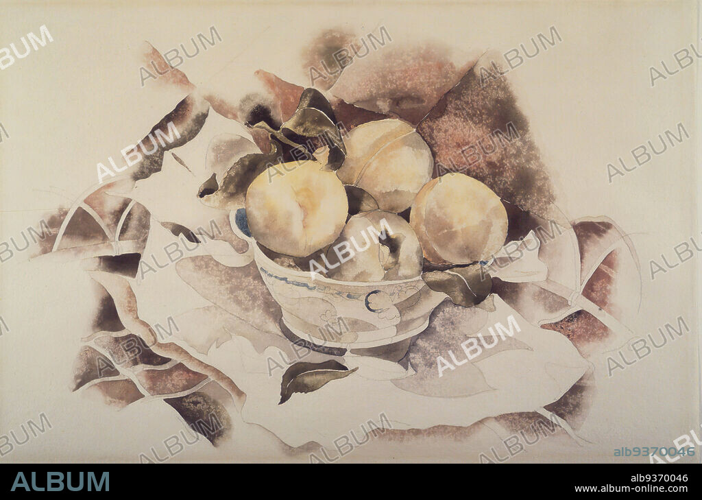 Still Life with Peaches, Charles Demuth, American, 1883-1935, Watercolor over graphite on cream, moderately thick, moderately textured wove paper, ca. 1922, 12 x 18 1/8 in., 30.5 x 46 cm, 20th century, American, Charles Demuth, graphite, still life, Still Life with Peaches, textured, watercolor.