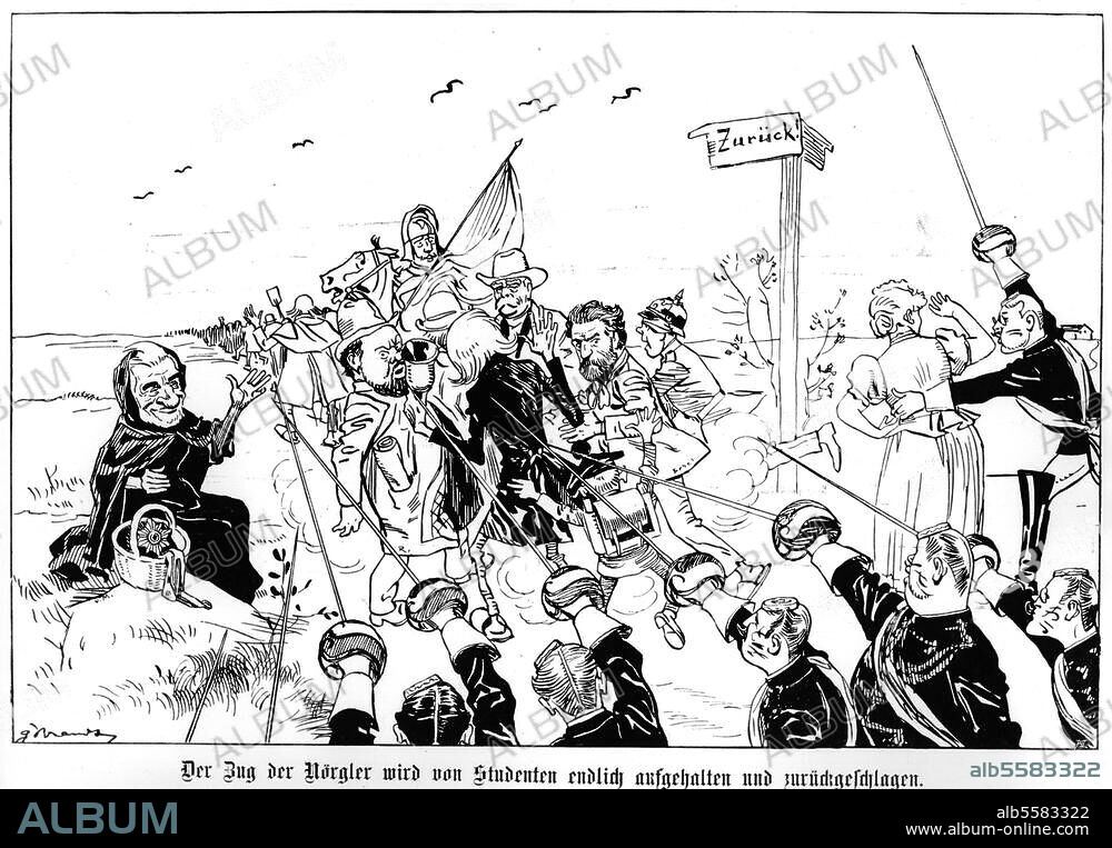 Bebel, August, Politiker (SPD), Köln-Deutz 22.2.1840 - Passugg (Schweiz). 13.8.1913. - "Der Zug der Nörgler wird von den Studenten endlich aufgehalten und zurückgeschlagen." (Karikatur auf Bebel u. a.). Zeichnung von Brandt, aus: Kladderadatsch. 1897. Berlin, Sammlung Archiv für Kunst und Geschichte.