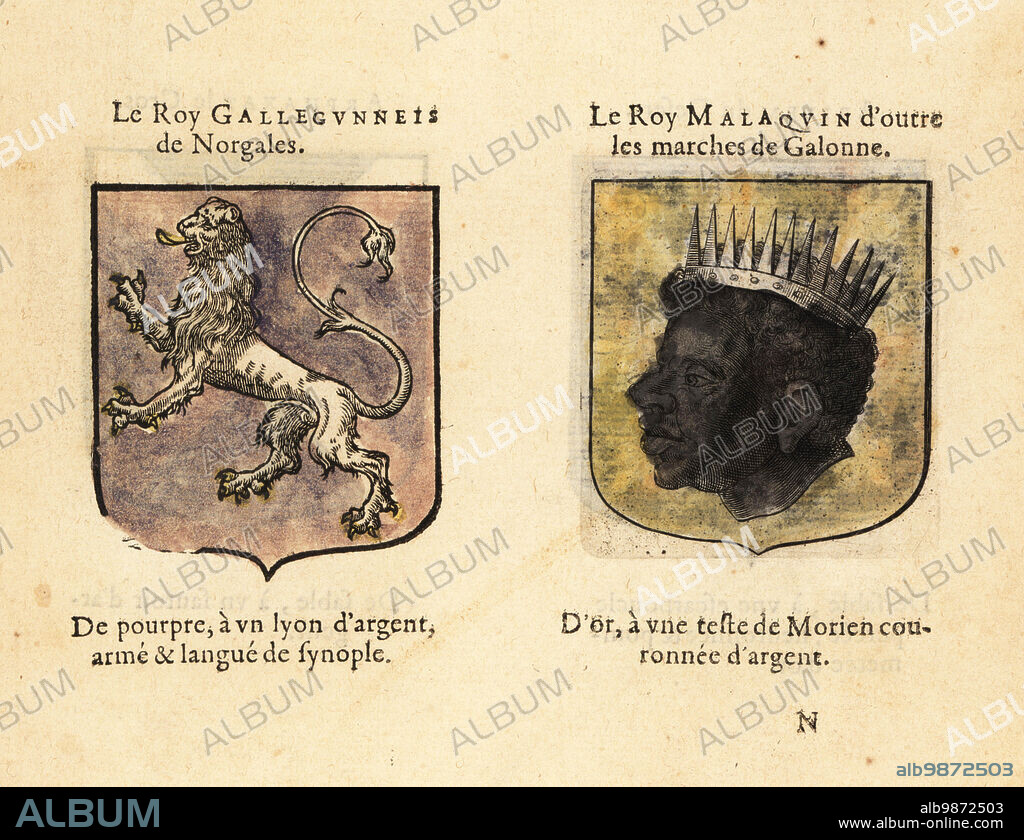 Imaginary coats of arms of the Fourth and Fifth Chapters of King Arthurs Knights of the Round Table: King Galegantis of Norway, with silver lion on purple field, and King Malaquin the Dane, from beyond the marshes of Galonna, with head of a moor in silver crown on gold field. Chevaliers de la table ronde: le Roy Gallegunneis de Norgales, le Roy Malaquin doutre les marches de Galonne.