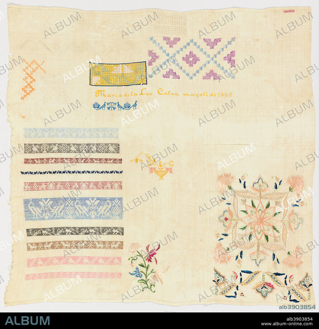 MARIA DE LA LUZ GARCIA. Sampler. Date/Period: May 11, 1852. Sampler. Medium: wool, silk. Technique: embroidered in satin, stem, knot, cross, buttonhole, chain, herringbone, feather, and running stitches with withdrawn element work and needle made fillings on plain weave foundation. Height: 650 mm (25.59 in); Width: 660 mm (25.98 in).