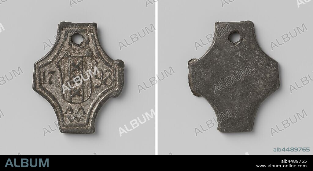 Padre's Orphanage in Amsterdam, one-sided, cross-shaped lead with hole in it. Front: coat of arms between years above inscription AAW. Reverse: blank, Amsterdam, anonymous, 1798, tin (metal), striking (metalworking), h 2.8 cm × w 2.3 cm × w 5.98 gr.