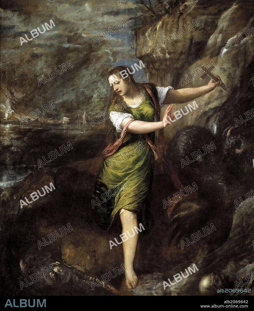 Vecellio di Gregorio Tiziano / 'Santa Margarita', Hacia 1565, Escuela Italiana, Óleo sobre Lienzo, 209 cm x 183 cm, P00445.