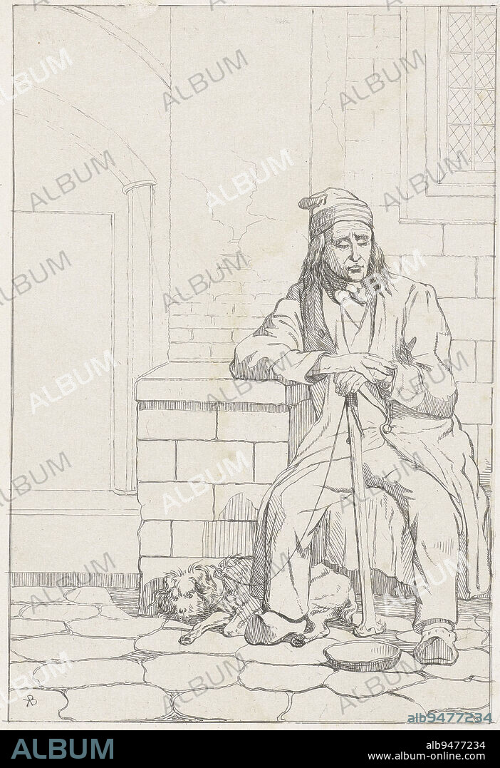 A beggar sits on a bench in front of a church porch His eyes are closed and he appears to be resting A small dog lies next to him on a leash In front of the man is a begging cap, Beggar with Dog, print maker: Karel Frederik Bombled, (mentioned on object), 1832 - 1902, paper, etching, h 223 mm × w 163 mm.