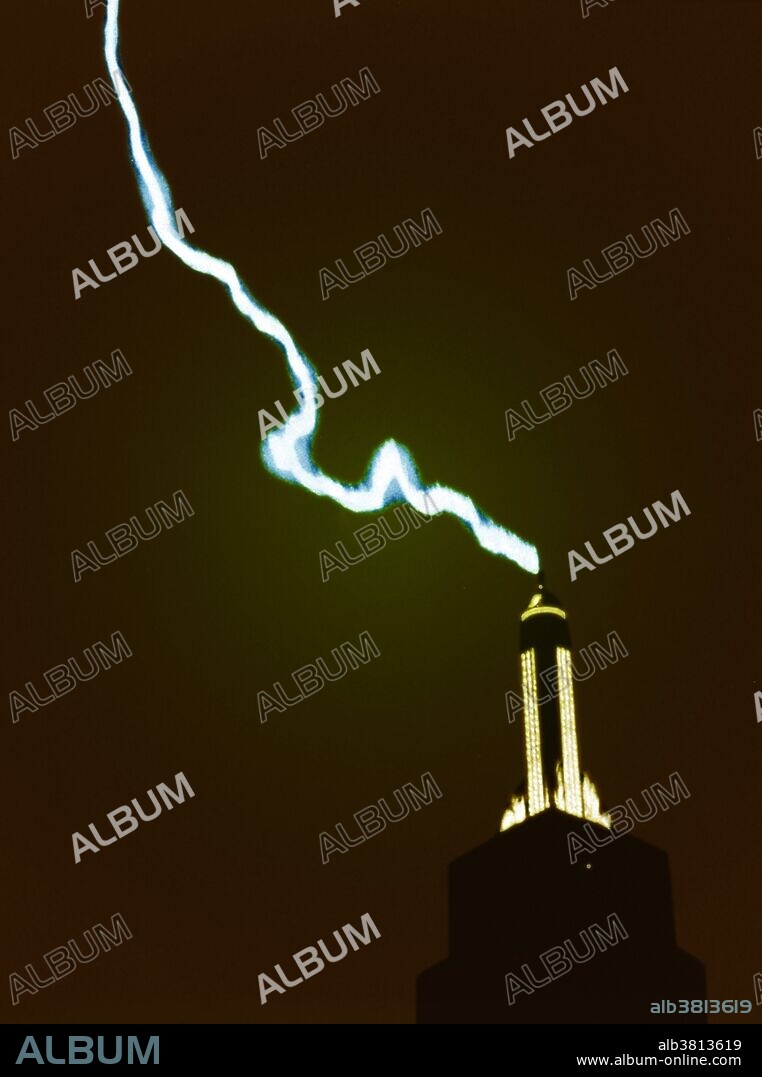 Lightning striking the Empire State Building. From "A Triumph of Thunderstorm Photography", New York, Summer 1934. Lightning is a flash of light in the sky caused by an electrical discharge between clouds or between a cloud and the Earth's surface. The flash heats the air and usually causes thunder. Lightning may appear as a jagged streak, as a bright sheet, or in rare cases, as a glowing red ball.