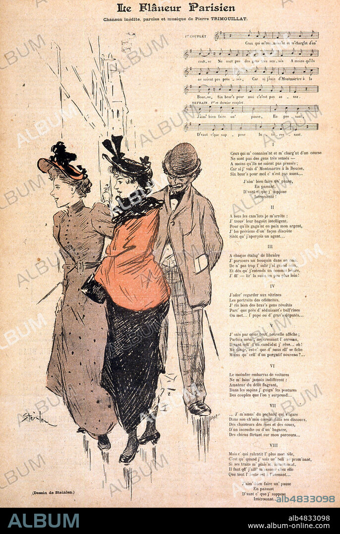 'Le flaneur parisien', chanson de Trimouillat. Illustration par STEINLEN (1859-1923) pour la revue Gil Blas du 30 juillet 1893. Credit : Collection KHARBINE-TAPABOR.