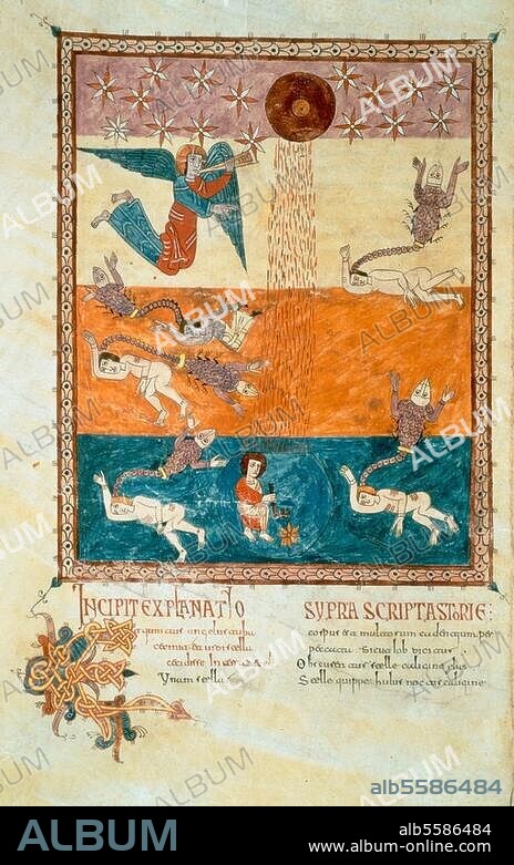 EMERETRIUS (ILLUMINATOR) y ENDE (ILLUMINATORIN). Illumination, mozarabic, monastery S.Salvador de Tábara, Emeretrius (monk) and Ende (nun), 975. Fifth Angel with Trumpet: The Well of Locusts (Rev. 9,1-3). From the Beatus of Gerona (Beato de Liébana, In apocalypsin commentarius - Apocalypse commentary, 786). On parchment, 400 × 260 mm. Ms. 7 (11), fol. 154 v, Gerona, Museo Capitular de la Catedral.
