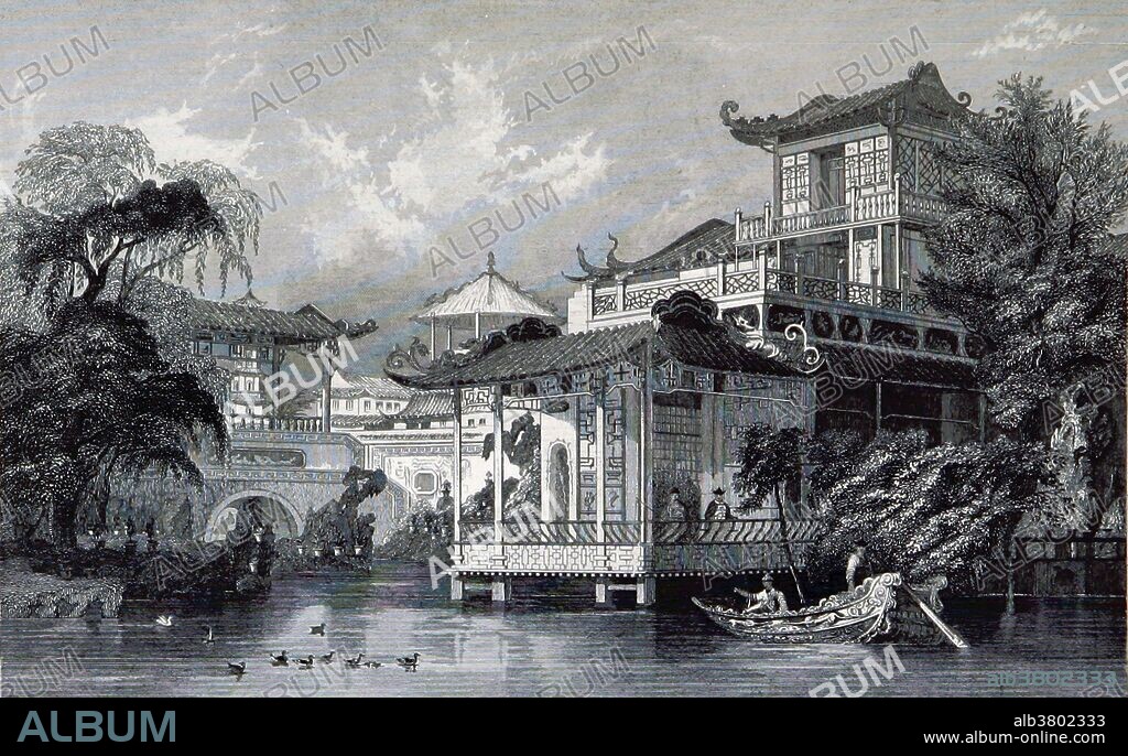 Guangdong, formerly known as Canton or Kwangtung in English, is a province on the South China Sea coast of the People's Republic of China. From 1700 onwards, most foreign traders were confined in Canton, where rigid restrictions were imposed through the practice of Co-hong, a guild of Chinese merchants, the sole recognized agency between foreign and Chinese merchants. The Hongs were the only merchants licensed by the Chinese officials to deal with the foreign traders. They were made responsible not only for all business deals with foreigners, but for their debts and behavior as well. However rich and influential they were, the merchant class was traditionally despised by the mandarin class in China. Entitled: "Haus eines Chinesischen Kaufmanns in der nÃ¤he von Canton." Image taken from page 451 of China, historisch romantisch, malerisch (historically romantic, picturesque). A translation by Thomas Allom with historical and descriptive notes by the Rev. G. N. Wright, published 1843.