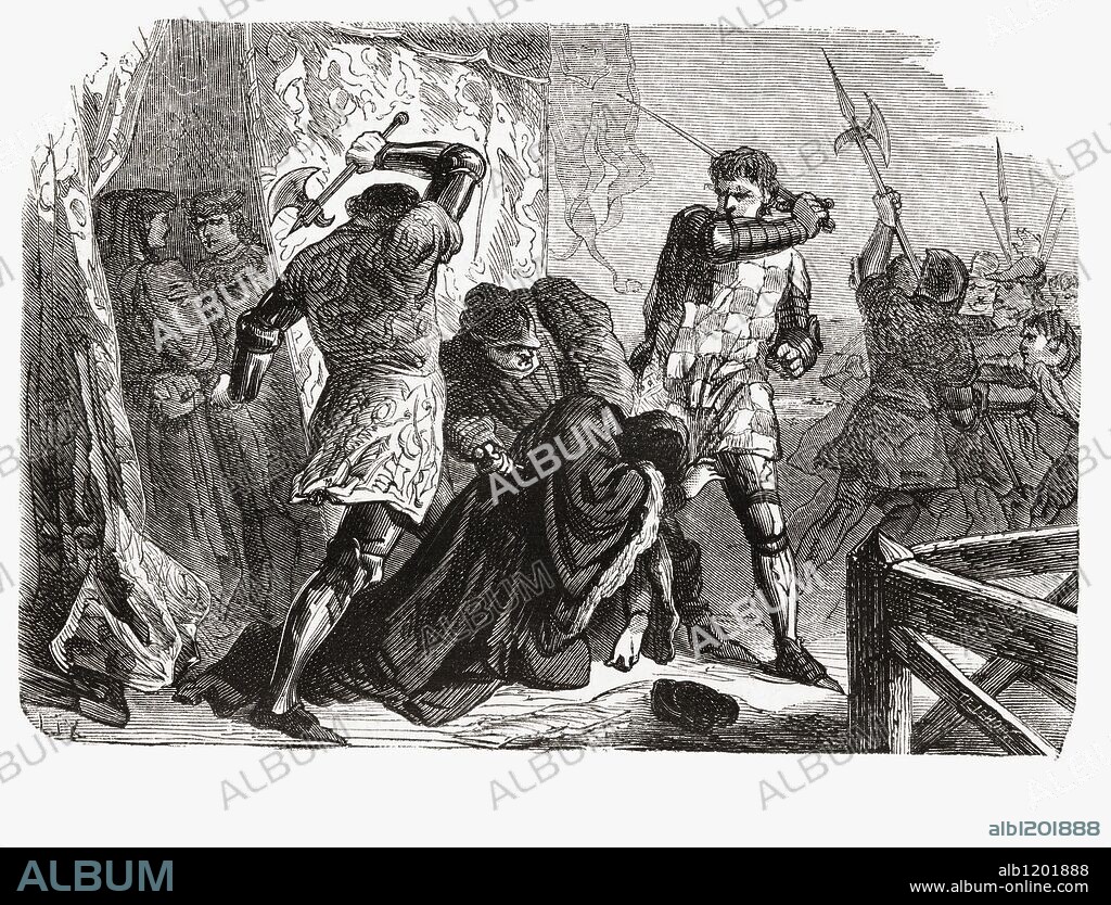 Juan Sin Miedo (1371-1419). Duque de Borgoña, Francia. Muerte de Juan sin Miedo por los partidarios del delfín Carlos IV, en la entrevista del puente de Montereau en septiembre de 1419. Grabado de 1866.