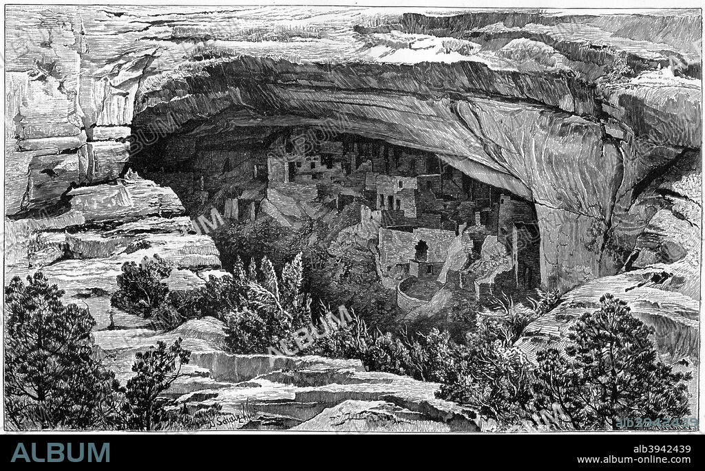 Cliff Palace in Cliff Palace Canyon, southwest Colorado, USA, 1901. Built by the Native American Pueblo culture, Cliff Palace is the largest cliff dwelling in North America. It is located in Mesa Verde National Park, in the southwest corner of Colorado. The structure is thought to have been built between about 1190 and 1260 but had been abandoned by 1300. From G Nordenskiold's The Cliff Dwellers of Masa Verde. A print from The World's History, A Survey of Man's Record, by Dr HF Helmolt, Volume I, William Heinemann, London, 1901.