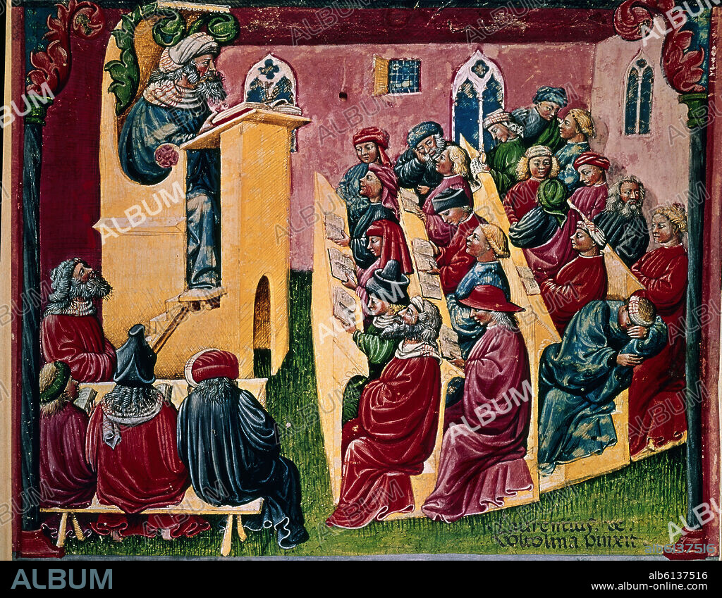 LECCION EN LA UNIVERSIDAD DE BOLONIA SEGUN UNA MINIATURA DE UNA EDICION MEDIEVAL DE LA ETICA A NICOMACO DE ARISTOTELES.