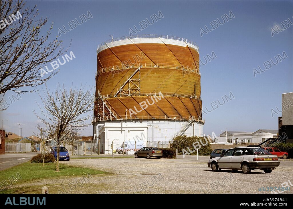 Gasometer, Westway Road, Weymouth, Dorset, 2000. Gasometers were prominent features in the townscape. Every town used to have a gasworks where coal gas was made and was stored. With the advent of natural gas, gasometers have become redundant and many have been demolished.