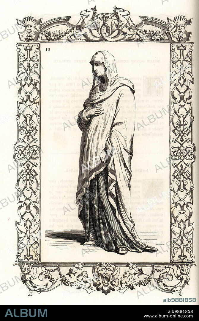 Costume of a Vestal virgin or priestess of Vesta. She wears a stola robe, linen tunic and a suffibulum veil with a purple trim. Within a decorative frame engraved by H. Catenacci and Fellmann. Woodblock engraving by Gerard Seguin and E.F. Huyot after a woodcut by Christoph Krieger from Cesare Vecellios 16th century Costumes anciens et modernes, Habiti antichi et moderni di tutto il mondo, Firman Didot Ferris Fils, Paris, 1859-1860.