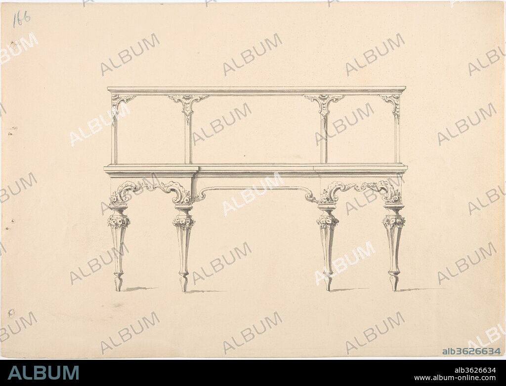 Design for a Mirrored Sideboard with Diminishing Legs, Floral and Rocaille Ornament. Artist: Anonymous, British, 19th century. Dimensions: sheet: 8 11/16 x 12 5/16 in. (22.1 x 31.2 cm). Date: early 19th century.