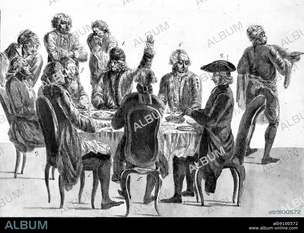 Le repas des philosophes (1) Voltaire, (4) d'Alembert, (5) Condorcet and (6) Diderot, Engraving by Jean Huber.