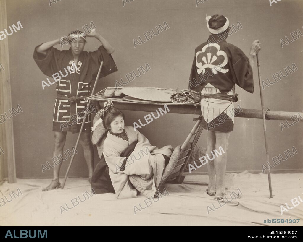 Japanese woman in a sedan chair with two porters, Part of Album with 69 photos from a trip through Japan., photograph, anonymous, Japan, 1890 - 1894, cardboard, albumen print, height, 210 mm × width, 272 mm.