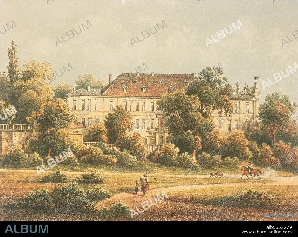 Golßen (Brandenburg), Schloß (erb. 1720; erweitert 1788 unter Gräfin Fontana; 1846-1945 Besitz der Fürsten Solms-Baruth). "Golssen / Provinz Brandenburg / Kreis Luckau". Farblithographie, um 1860, von Th. Hartmann nach Th. Hennicke; Berlin (Verlag Alexander Duncker); 15 × 19,7 cm.