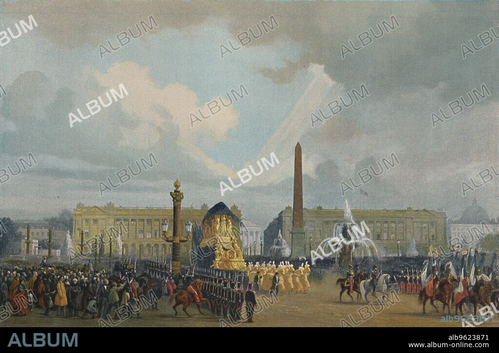 'The Funeral Cortège of Napoleon in the Place De La Concorde, December 15, 1840', (1896). In 1840, the British granted permission for the return of the ashes of Napoleon Bonaparte (1769-1821) to France from the island of St Helena where he died in exile. This became known as the retour des cendres (return of the ashes). A state funeral was held in Paris - the hearse proceeded from the Arc de Triomphe down the Champs-Élysées, across the Place de la Concorde to the Esplanade des Invalides before burial in the Hôtel des Invalides. Typogravure after the painting by Jacques Guiaud. From Life of Napoleon Bonaparte, Volume IV, by William Milligan Sloane. [The Century Co., New York, 1896].