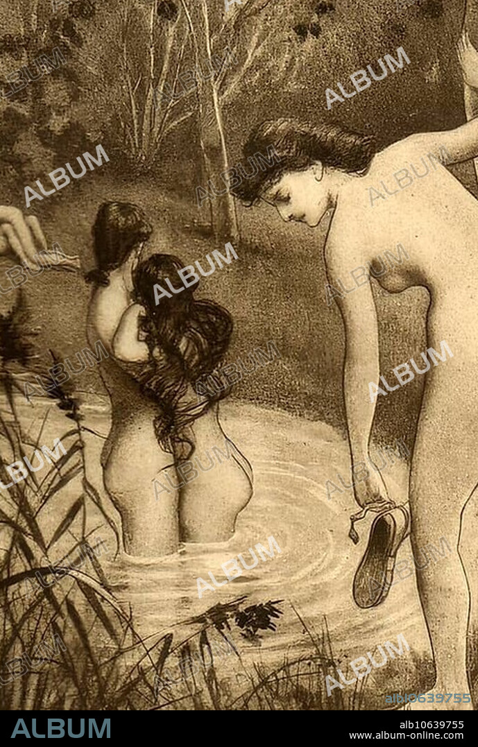Sex outdoors by a pond, Erotic illustration by Edouard-Henri Avril (21 May 1849 to 1928), a French painter and graphic artist, under the name Paul Avril he became known as an illustrator of erotic to pornographic novels, Historical, digitally restored reproduction from a 19th century original.