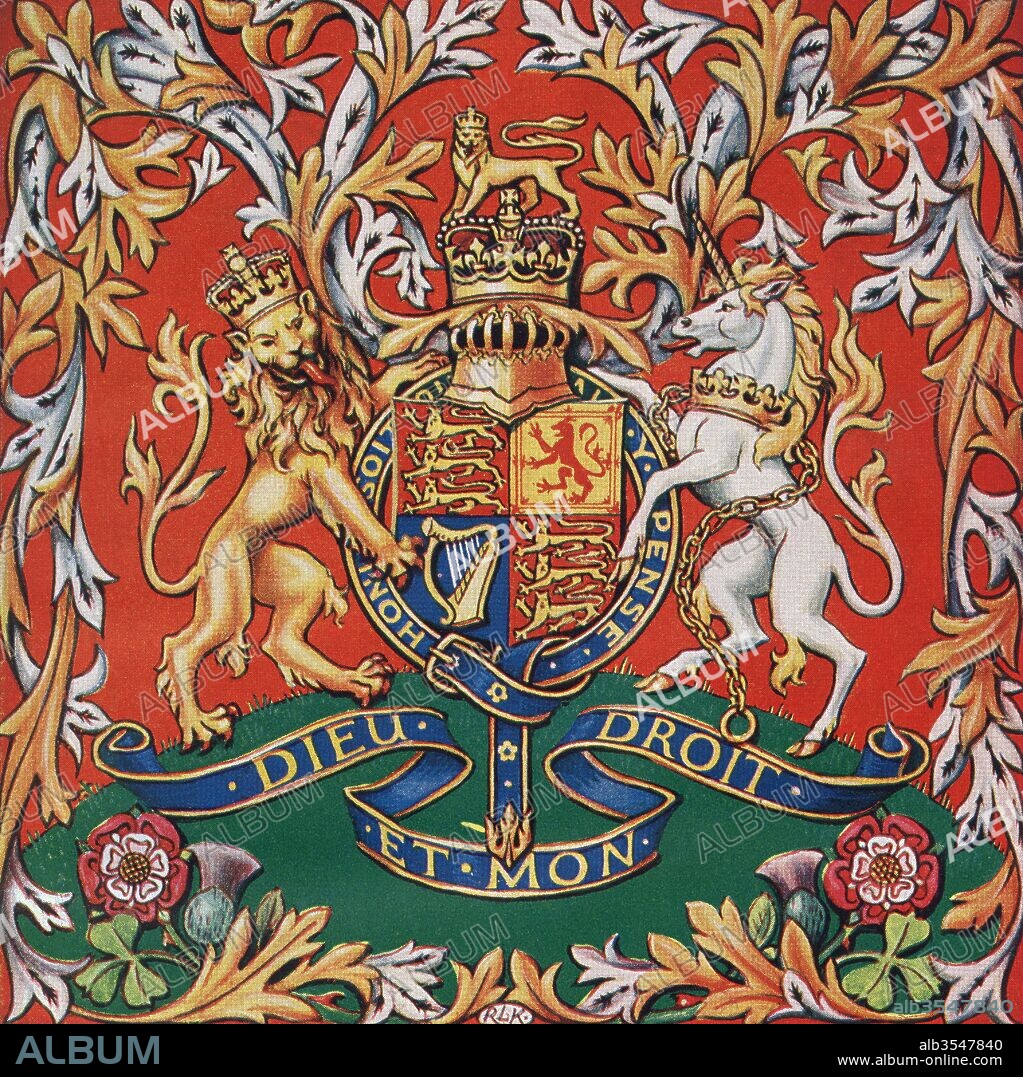 The Royal coat of arms of the United Kingdom. From Their Gracious Majesties King George VI and Queen Elizabeth, published 1937.