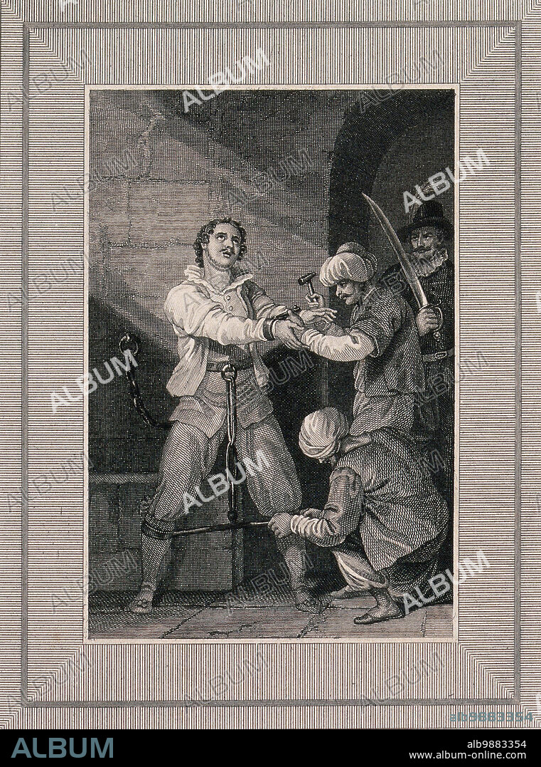 The torture of William Lithgow in the dungeons of the Inquisition in Malaga in 1620, William Lithgow, a Scot, was mistaken for a spy and arrested in Malaga in 1620, thrown into the dungeons of the Inquisition and tortured to the limits of human endurance. He was subjected to a combination of water torture and torture rack, Historical, digitally restored reproduction from a 19th century original.