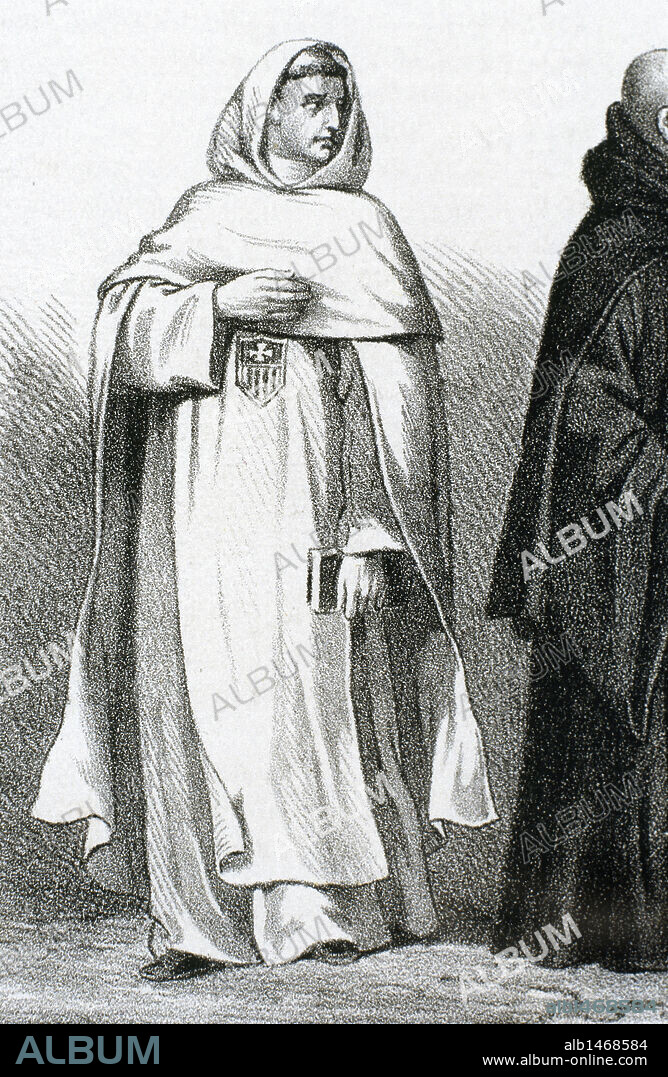ORDENES RELIGIOSAS DE LA EDAD MEDIA. RELIGIOSO MERCEDARIO, perteneciente a la Real y Militar Orden de la Merced. Grabado del s. XIX.
