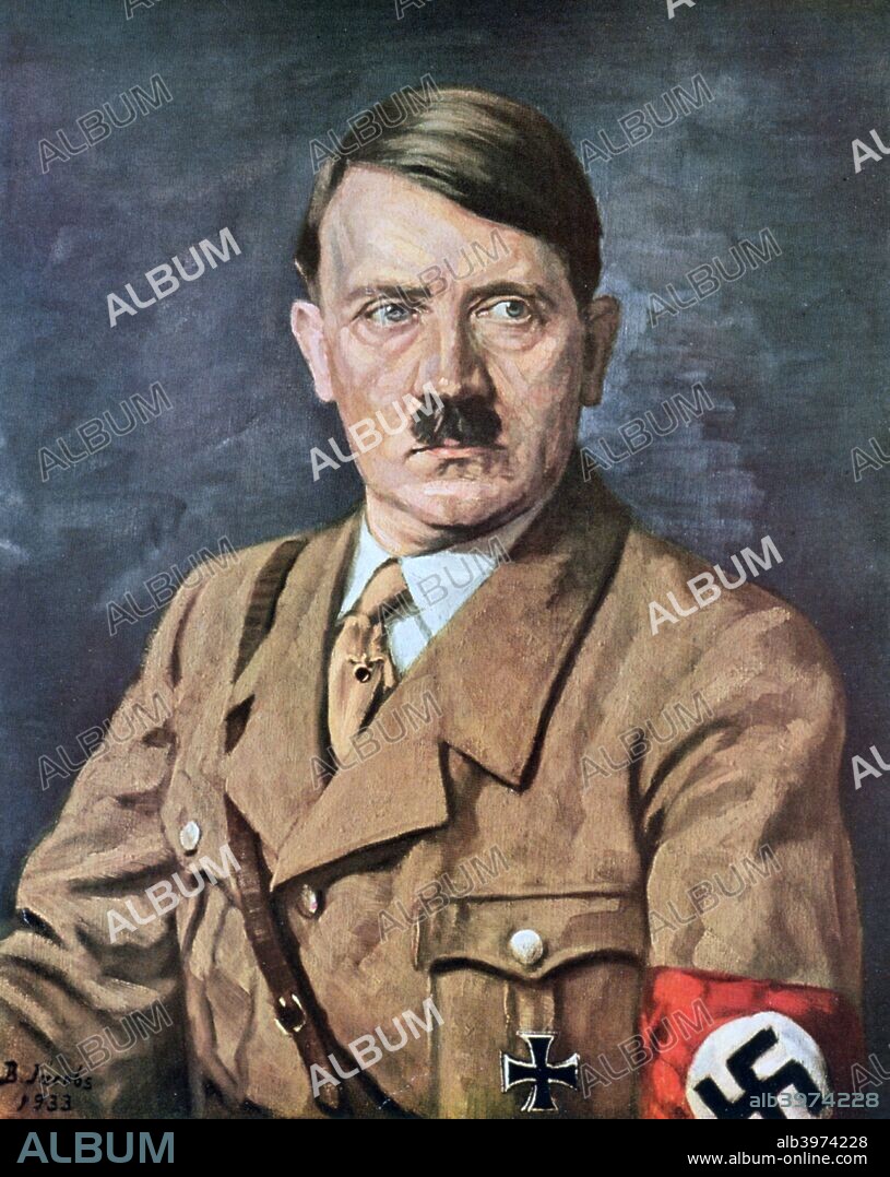 'Adolf Hitler', 1933. Adolf Hitler (1889-1945) became leader of the National Socialist German Workers (Nazi) party in 1921. After an unsuccessful coup attempt in Munich in 1923, for which he was briefly imprisoned, Hitler set about pursuing power by democratic means. His nationalistic and anti-semitic message quickly gained support in a Germany humiliated by defeat in World War I and the harsh terms of the Treaty of Versailles and, from the late 1920s, suffering from economic collapse. Hitler came to power in 1933, and persuaded the Reichstag (parliament) to grant him dictatorial powers. He proceeded to crush opposition both within his own party and throughout German society, and set about re-arming Germany. Hitler's aggressive policy of territorial expansion to secure 'lebensraum' (living space) for the German people eventually plunged the world into the Second World War. Part of a private collection.