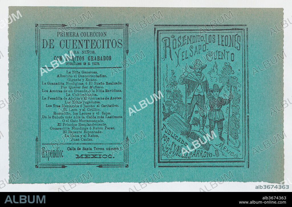 JOSE GUADALUPE POSADA. Cover for 'Rosendito, Los Leones, y El Sapo', a young boy and man holding walking sticks. Artist: José Guadalupe Posada (Mexican, 1851-1913). Dimensions: Sheet: 5 13/16 × 7 7/8 in. (14.8 × 20 cm). Publisher: Antonio Vanegas Arroyo (1850-1917, Mexican). Date: ca. 1890-1910.