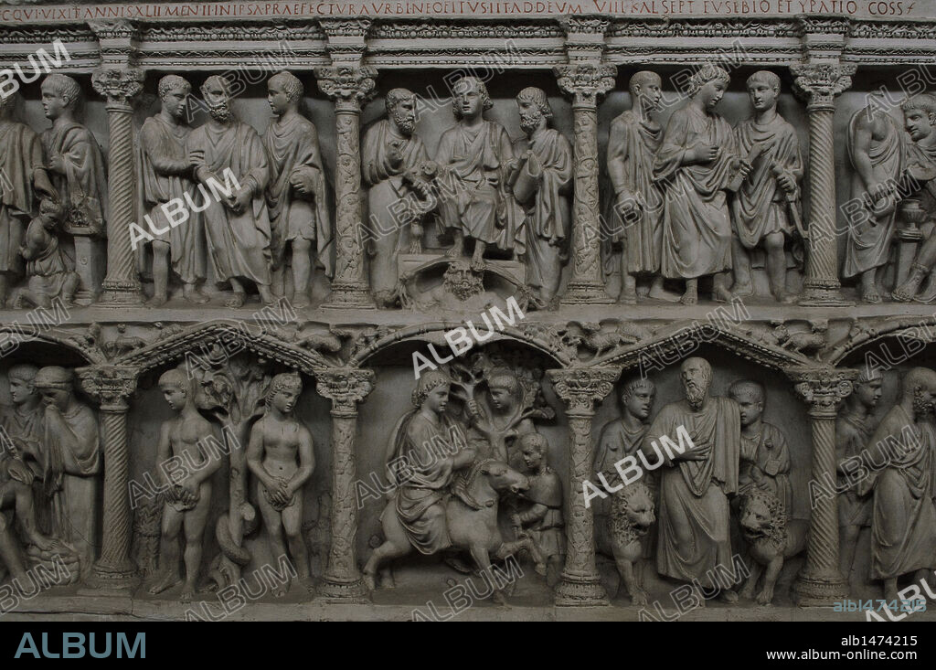 ARTE PALEOCRISTIANO-OCCIDENTAL. ITALIA. SARCOFAGO DE IUNIUS BASSUS (359). Mármol de Carrara. Hallado en Roma. Museo del Tesoro de San Pedro. Museos Vaticanos. Ciudad del Vaticano.