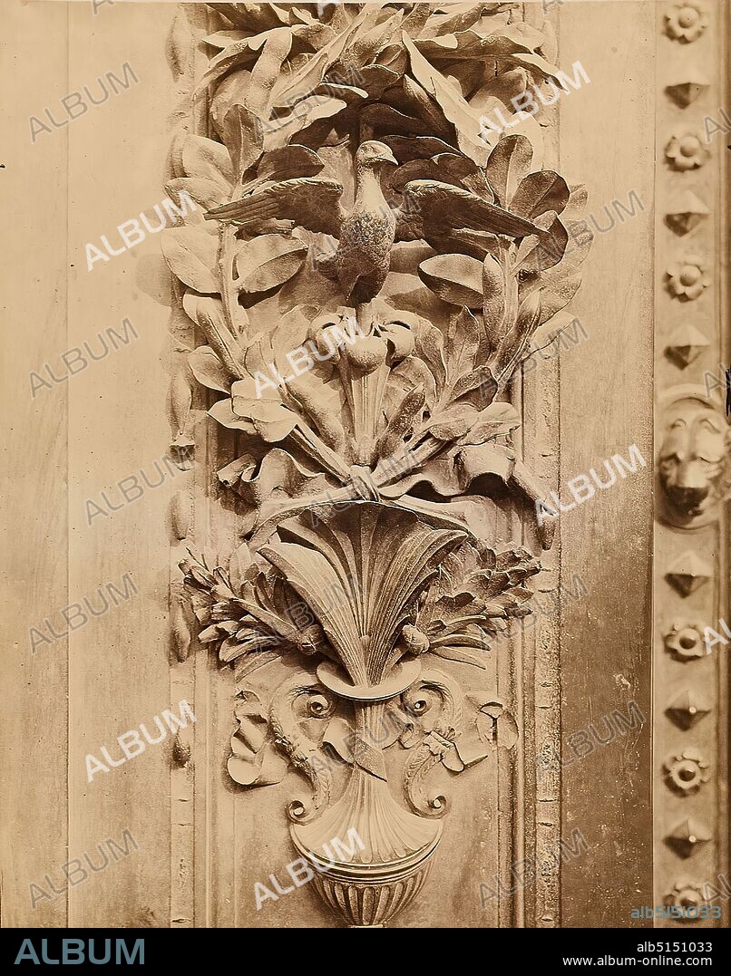 Giacomo Brogi, Edizioni Brogi, series of details of the bronze door by A. Pisano at the Baptistery of San Giovanni in Florence, albumin paper, black and white positive process, sheet size: height: 25.00 cm; width: 19.50 cm, stamp: lower left: blind stamp in photographic paper: Brogi, architectural photography, architectural details, ornaments, portal (church building).
