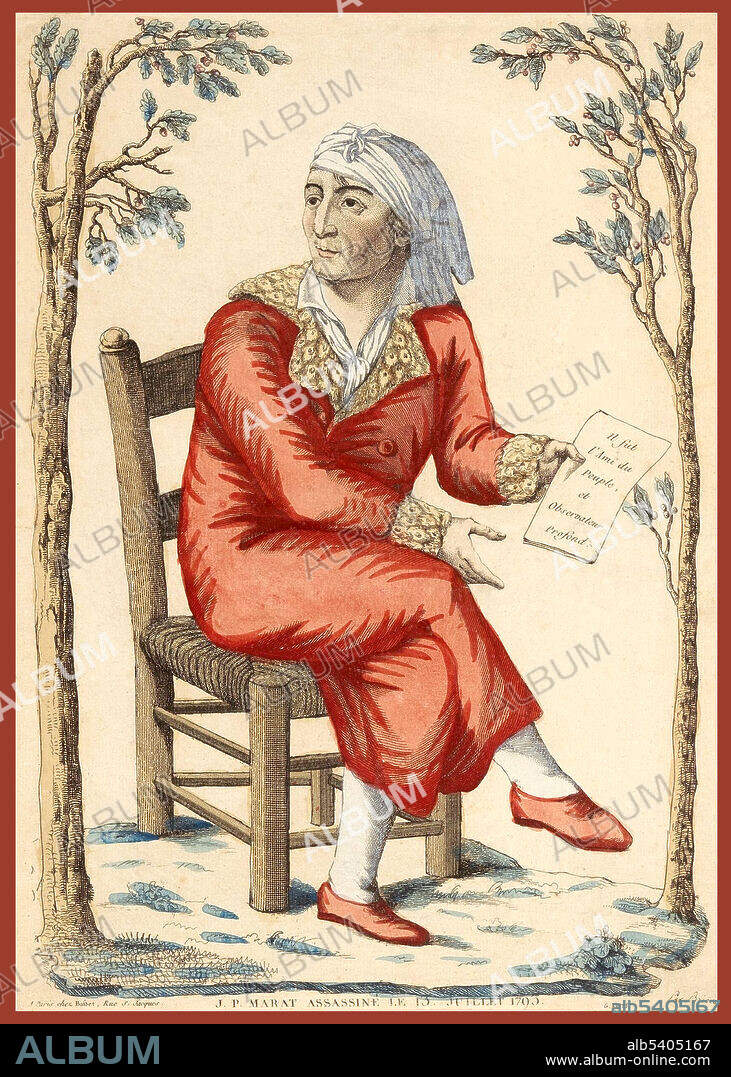 Jean-Paul Marat (May 24, 1743 - July 13, 1793) was a physician, political theorist, journalist and politician during the French Revolution. He broadcast his views through public speaking, essay writing and newspaper journalism. His radical denunciations of counter-revolutionaries supported much of the violence that occurred during the wartime phases of the French Revolution and his constant persecution of enemies of the people, brought him the trust of the populace and made him their unofficial link to the radical Jacobin group that came to power. In 1793 he was murdered in his bathtub by Charlotte Corday, a Girondist sympathizer. Engraving by Louis Brion de la Tour, 1793-94 (cropped and cleaned).