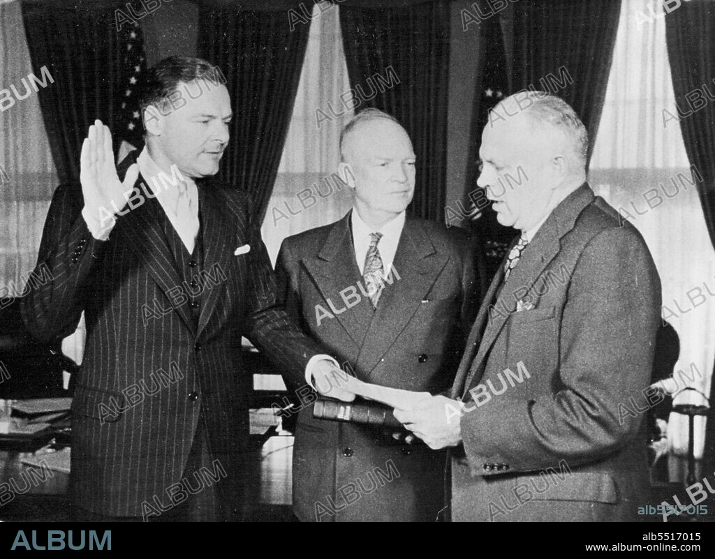 Lodge Sworn In As U.N. Delegate -- President Eisenhower watches as Henry Cabot Lodge is sworn in as chief of the United States Delegation to U.N.O. Lodge Played an extremely important role in securing the Republican Nomination for Eisenhower. January 30, 1953. (Photo by Paul Popper, Paul Popper Ltd.).