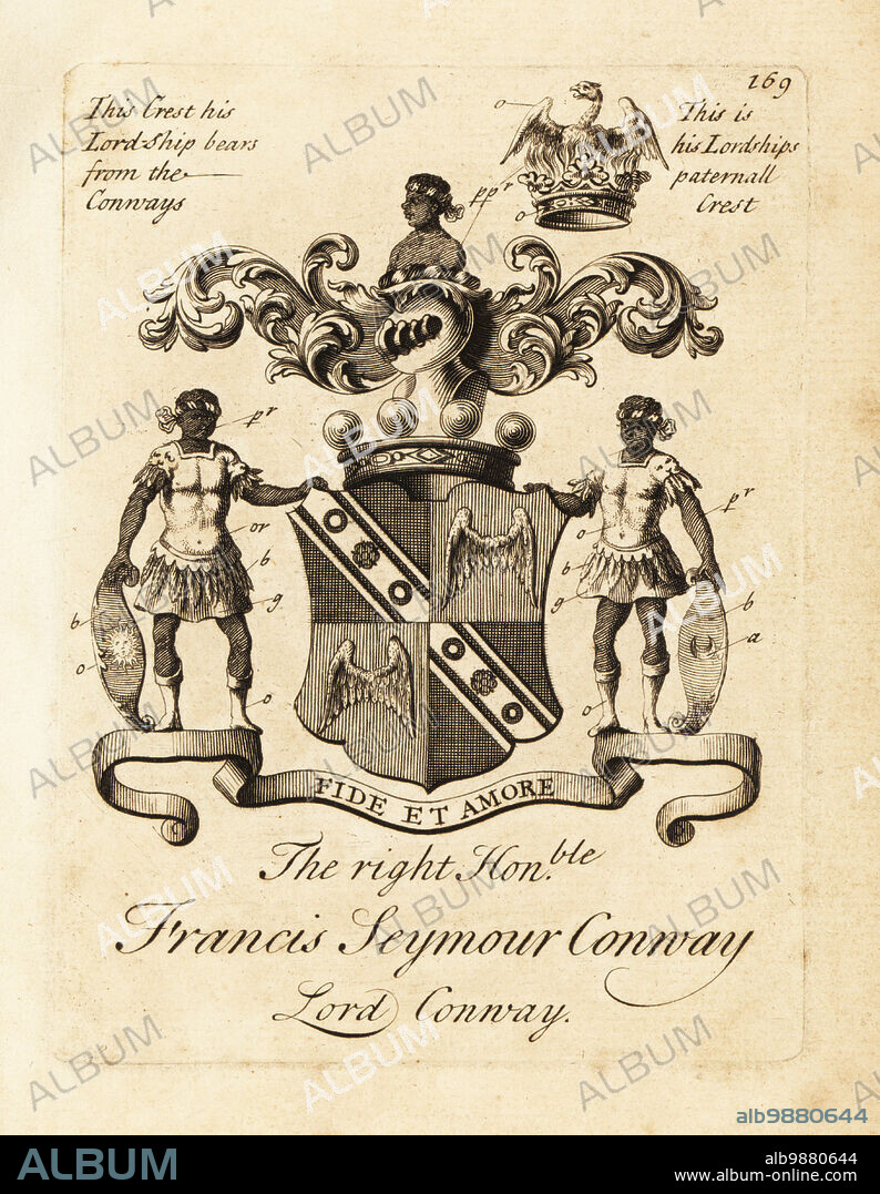 Coat of arms of the Right Honourable Francis Seymour Conway, Lord Conway., 1st Baron Conway of Ragley, 1st Baron Conway of Killultagh, 1679-1731. Copperplate engraving by Andrew Johnston after C. Gardiner from Notitia Anglicana, Shewing the Achievements of all the English Nobility, Andrew Johnson, the Strand, London, 1724.