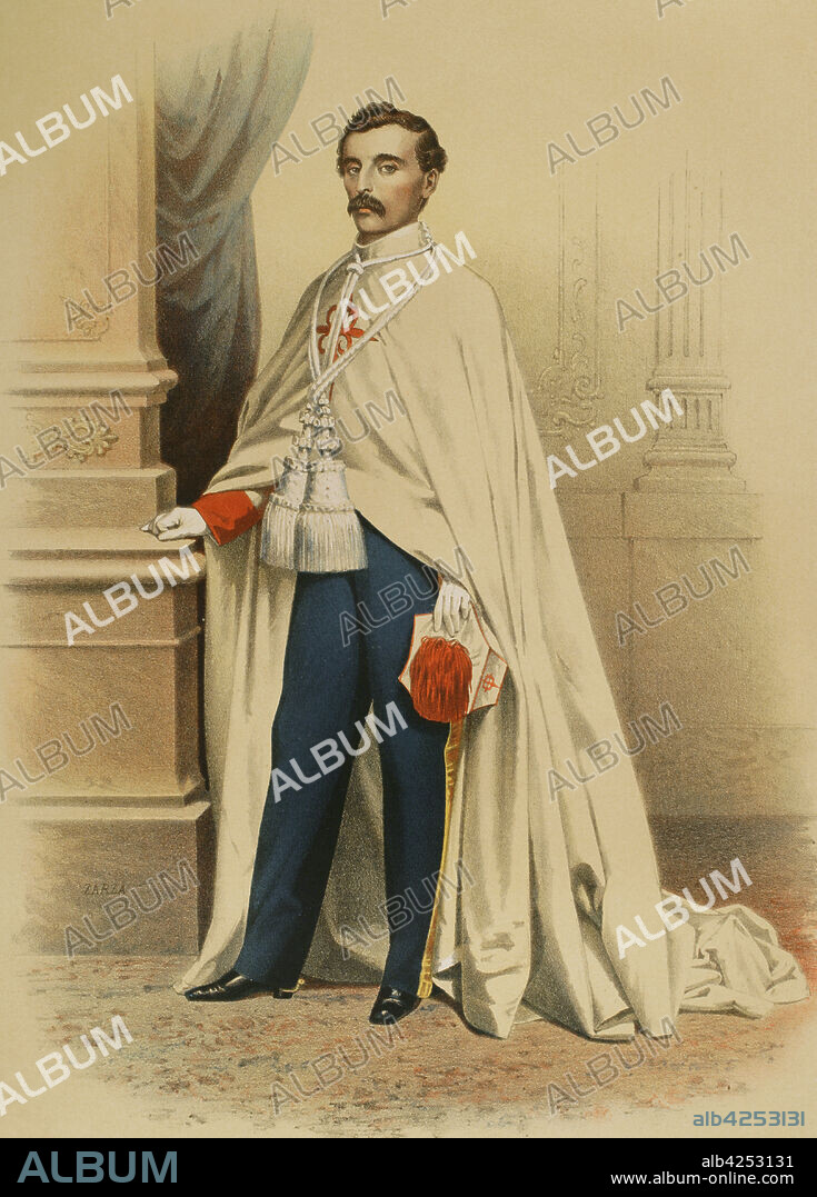 Knight of the Order of Santiago wearing ceremonial dress. Chromolithography. "Historia de las Ordenes de Caballería y de las Condecoraciones Españolas" (History of the Orders of Chivalry and the Spanish Decorations). Madrid, 1865. Spain.